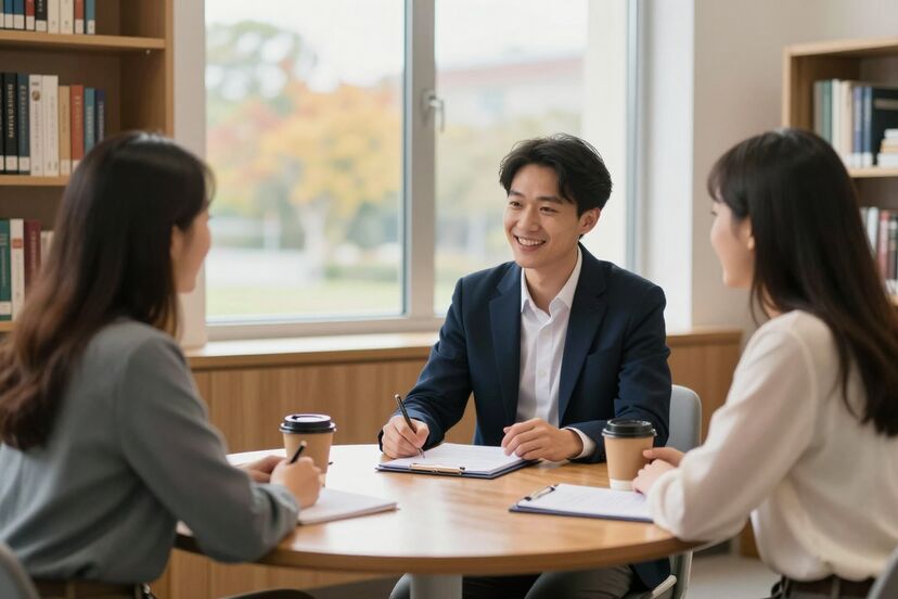 An admissions director talking with two parents