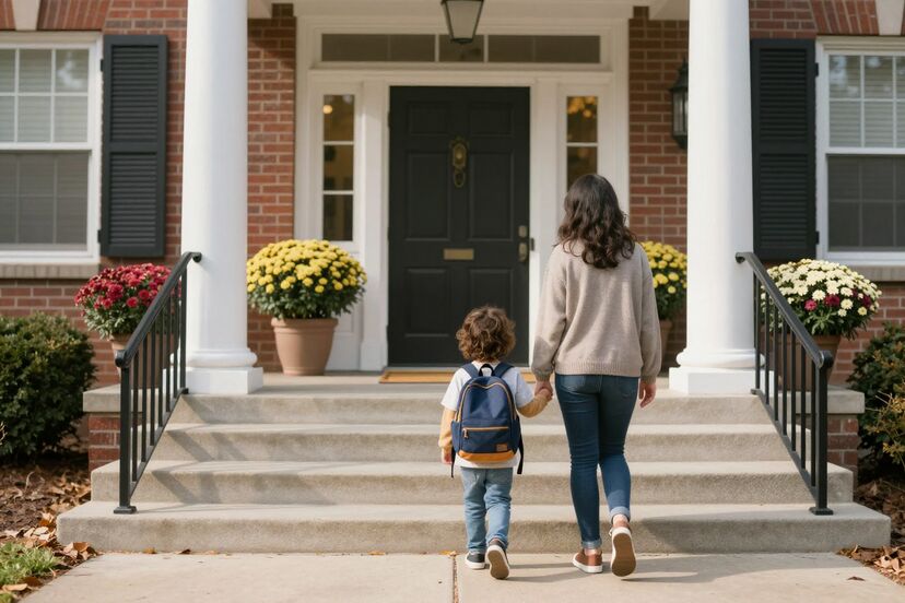 A parent and child walking up the steps of a private school