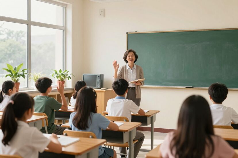 A teacher leading a bright private school classroom
