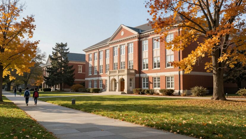 A brick private school campus on an autumn morning