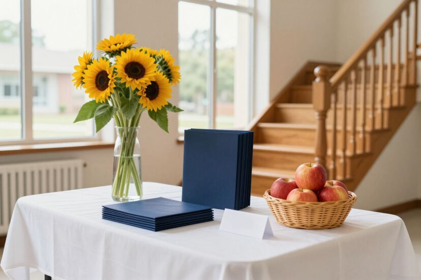 An open house welcome table in a bright school foyer