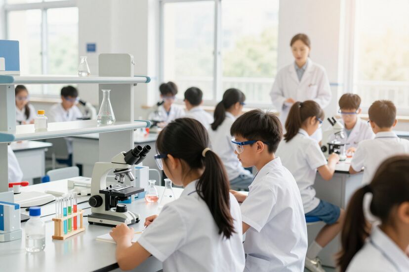Students working at a lab bench in a sunny science classroom