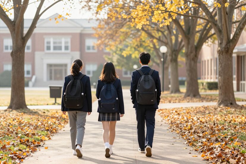 Students in navy blazers walking across campus in autumn